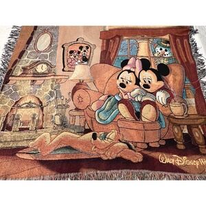 Disney World Woven Tapestry Throw Blanket Mickey Minnie Pluto Fireplace 50"x60"